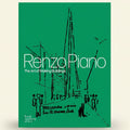 Book cover of 'Renzo Piano: The Art of Making Buildings' with green background and black line drawings.