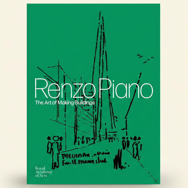 Book cover of 'Renzo Piano: The Art of Making Buildings' with green background and black line drawings.