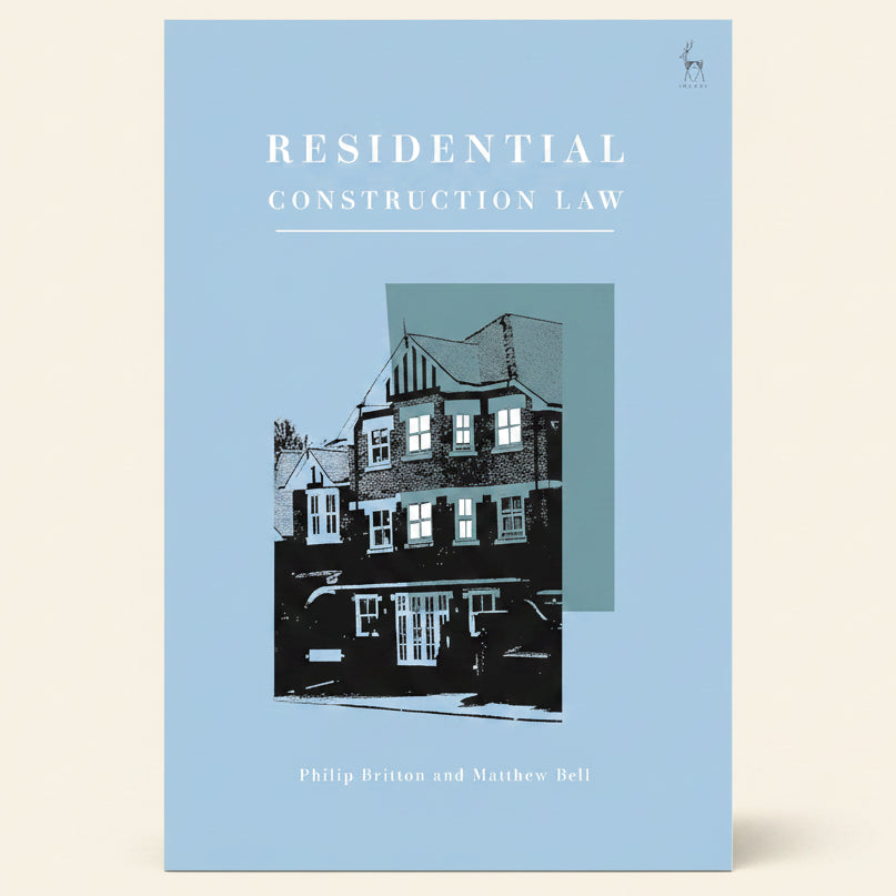 Book cover of 'Residential Construction Law' with a house illustration on a light blue background