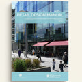 Cover of 'Retail Design Manual' with a modern building and people in the background