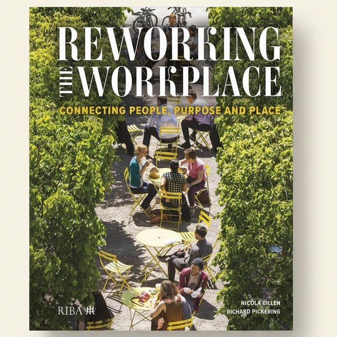 Book cover of 'Reworking the Workplace' with people sitting outdoors and greenery.