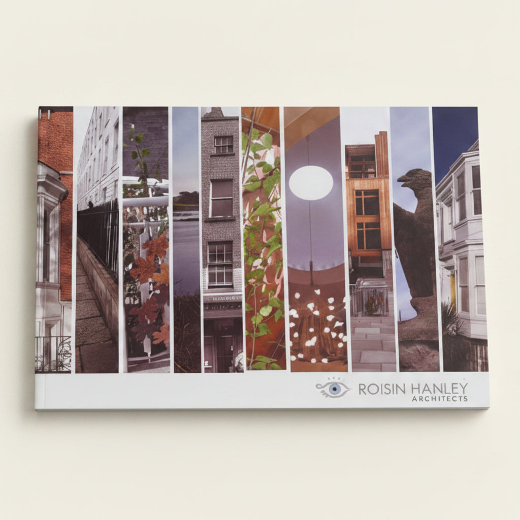 Brochure with architectural images and 'Roisin Hanley Architects' branding on a white background