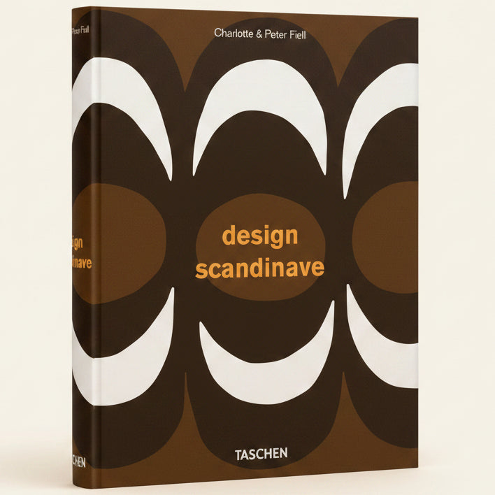 Book cover of 'Design Scandinave' with a brown and white abstract pattern, featuring the Taschen logo.