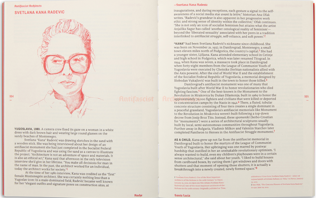 A printed page or booklet spread featuring a red and black seal at the top left, the title 'Svetlana Kana Radevic' at the top, a large red circular stamp design across the center, and two paragraphs of Serbian text below. The page also includes a small map and a small portrait photo labeled 'Santa Lucia'.