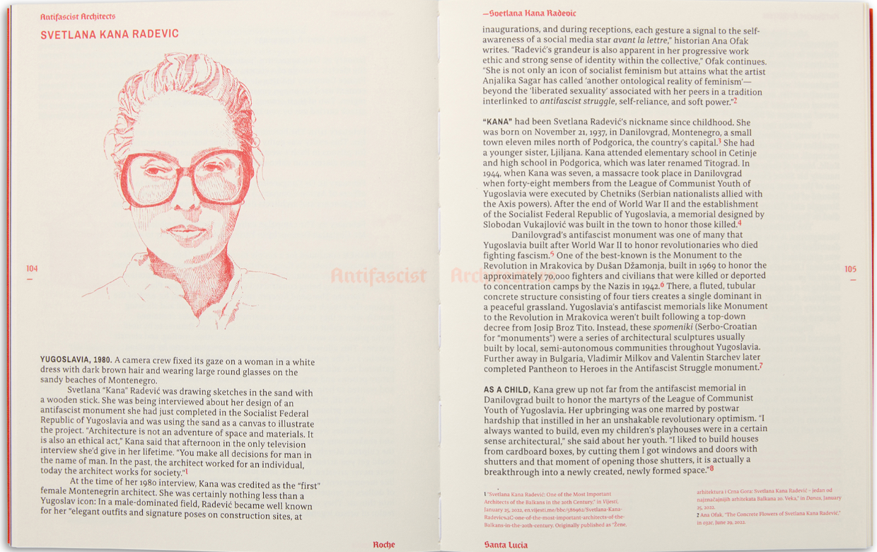 A printed page or booklet spread featuring a red and black seal at the top left, the title 'Svetlana Kana Radevic' at the top, a large red circular stamp design across the center, and two paragraphs of Serbian text below. The page also includes a small map and a small portrait photo labeled 'Santa Lucia'.