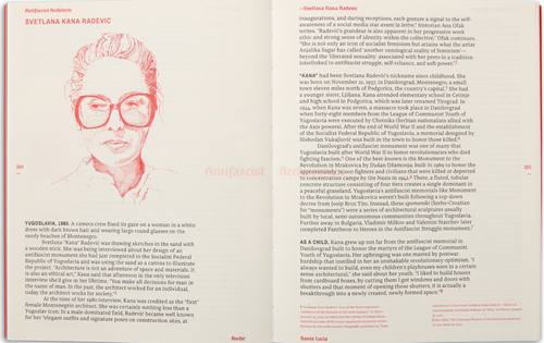 A printed page or booklet spread featuring a red and black seal at the top left, the title 'Svetlana Kana Radevic' at the top, a large red circular stamp design across the center, and two paragraphs of Serbian text below. The page also includes a small map and a small portrait photo labeled 'Santa Lucia'.