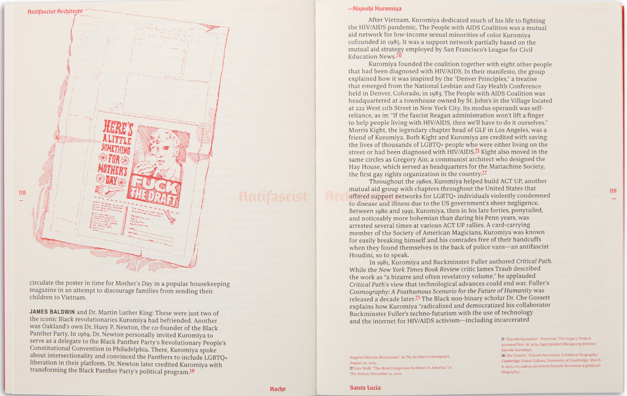 A two-column book or magazine page featuring an article titled 'Black Panther Party Revolutionaries: Who is who' with text blocks, a small black-and-white photo of a person in a mask, and a small color photo of a person in a black suit.