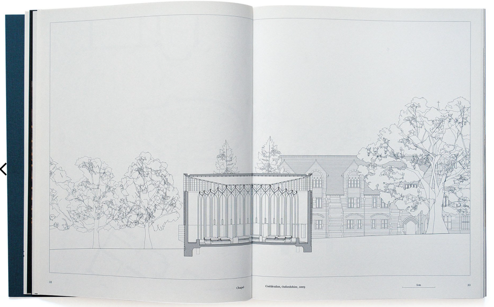 An open architectural book or magazine spread showing a detailed line drawing of a building facade with trees, featuring a central arched structure and printed text at the bottom.