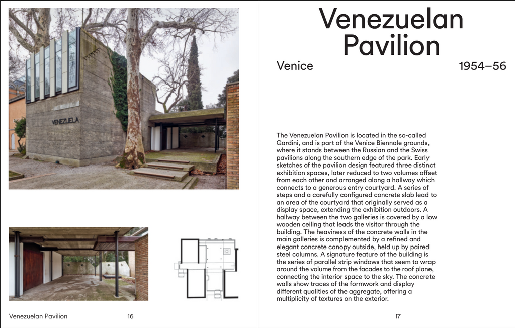 A two-page spread from a book or magazine showing architectural text about the Venezuelan Pavilion in Venice, with a black-and-white exterior photograph on the left page and descriptive copy on the right page.