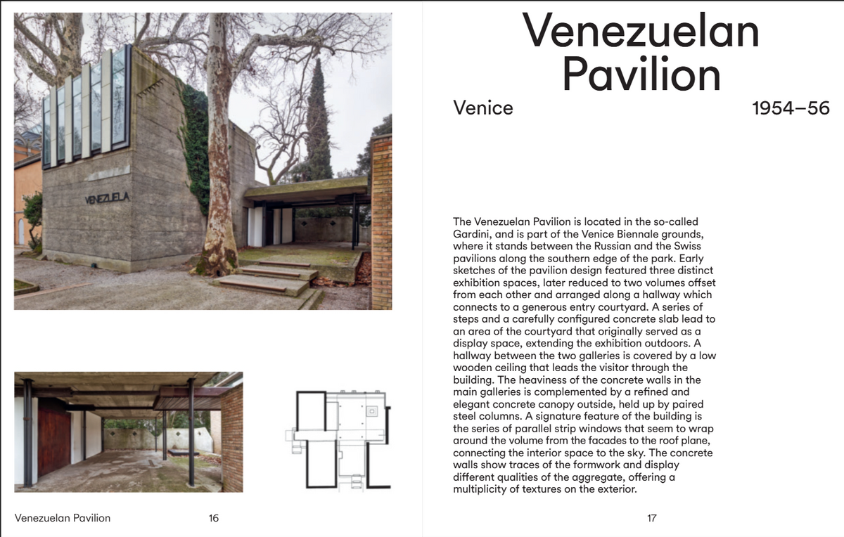 A two-page spread from a book or magazine showing architectural text about the Venezuelan Pavilion in Venice, with a black-and-white exterior photograph on the left page and descriptive copy on the right page.