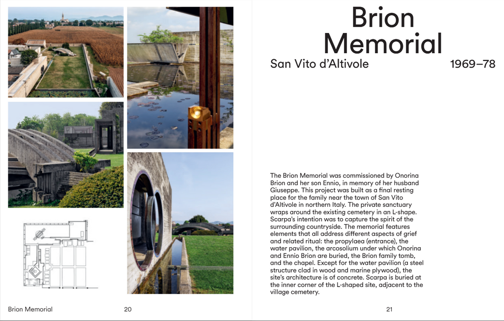 A printed memorial program or brochure page for 'Brion Memorial' at San Vito d'Altivole, dated 1969-78. The page has a white background with black text and a grid of six color photographs showing the memorial site, interior wooden walls, and water views.