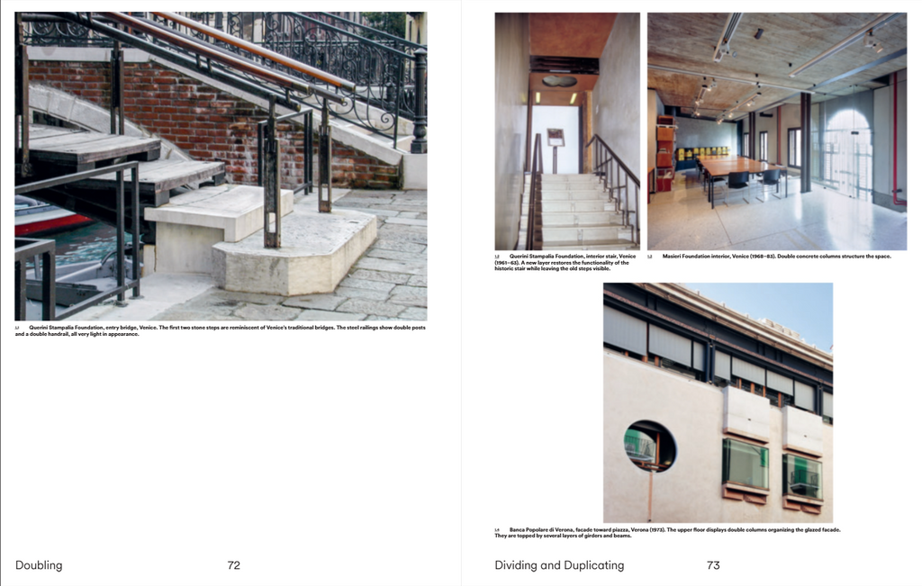 A two-page spread from an architectural publication or book, featuring photographs of outdoor staircases and indoor meeting spaces with captioned text at the bottom.