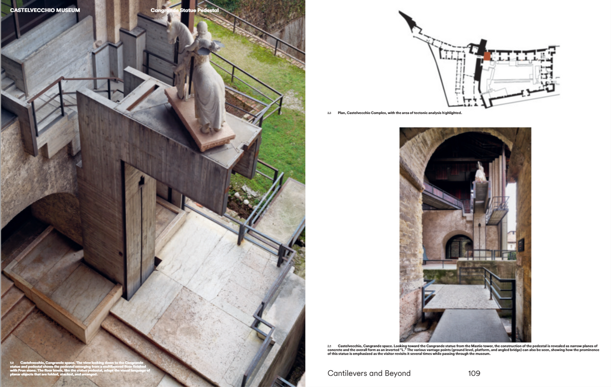 A printed architectural publication or catalog spread showing a high-angle photograph of a concrete courtyard structure with statues, a site plan diagram, and an interior courtyard view. Text at the bottom reads 'Conillevers and Beyond' and page number 109.