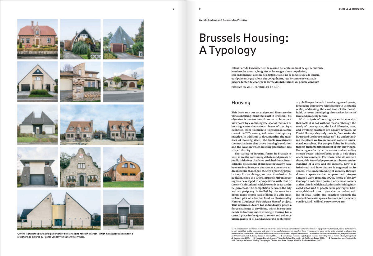 An open book or magazine spread showing a page titled 'Brussels Housing: A Typology' with a grid of small housing photographs on the left and two columns of text on the right.
