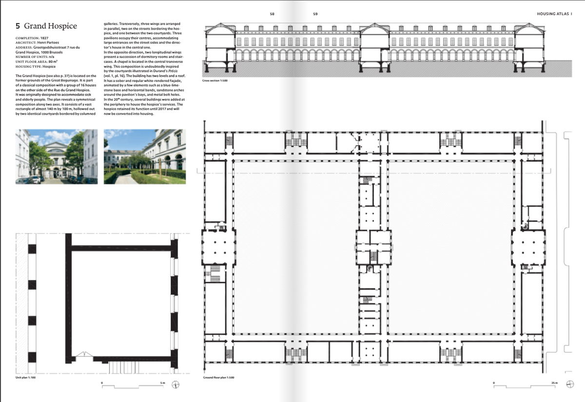 A printed architectural plan page showing a grand hotel floor plan with labeled text, cross-section drawings, and small photos of the building exterior and courtyard.