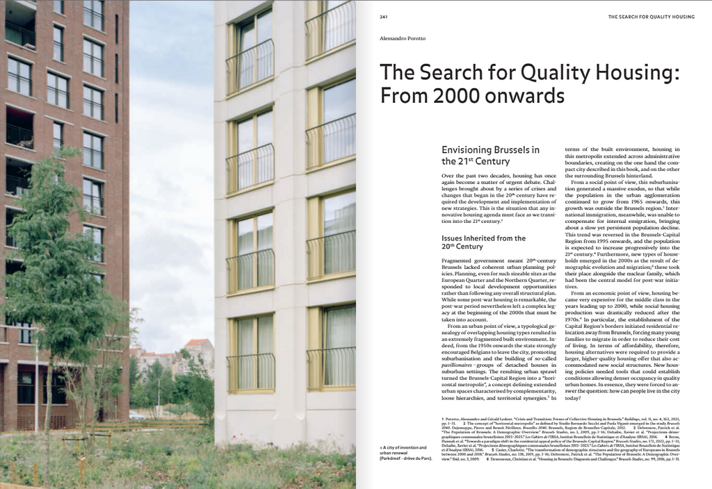 A printed magazine or book page showing a real estate article titled 'The Search for Quality Housing: From 2000 onwards' with a photograph of apartment buildings on the left and columns of text on the right.