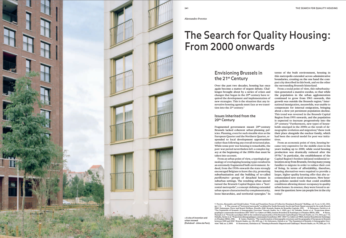 A printed magazine or book page showing a real estate article titled 'The Search for Quality Housing: From 2000 onwards' with a photograph of apartment buildings on the left and columns of text on the right.