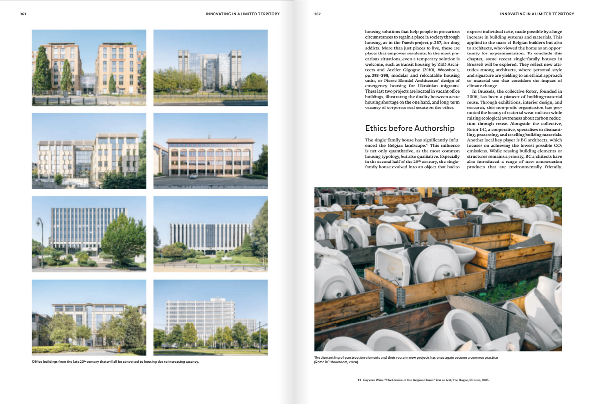 A two-page spread from a printed publication showing architectural photographs of modern buildings and columns of text, with one large photo of white cylindrical objects in wooden cases on the right page.
