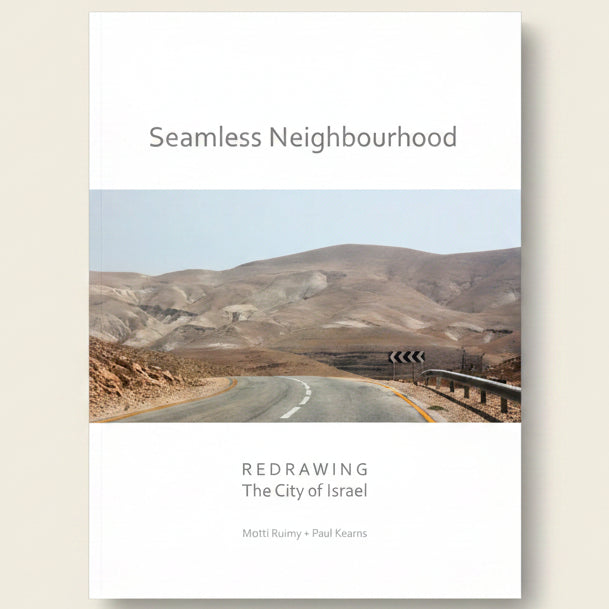 Desert landscape with a road and mountains, featuring the book 'Seamless Neighbourhood' by Matti Rurik and Paul Kears.