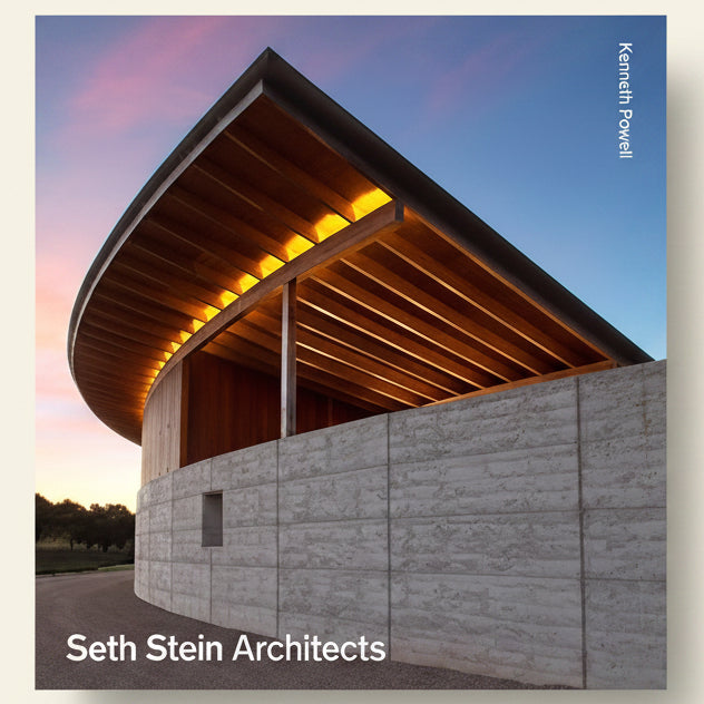 Modern architectural building with wooden ceiling and concrete walls, Seth Stein Architects branding.