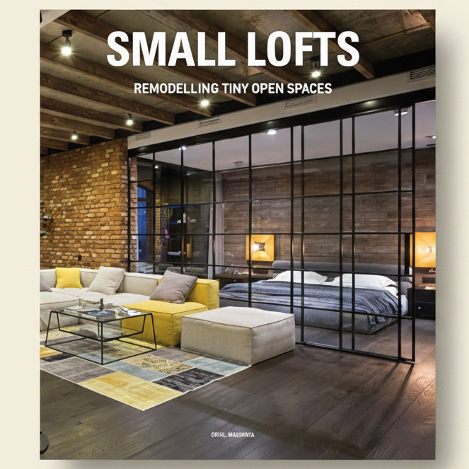 Modern loft interior with yellow sofa, glass partition, and brick wall.