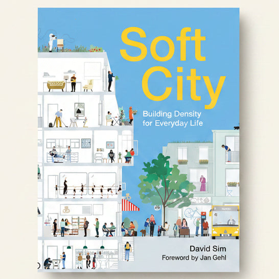Book cover of 'Soft City' by David Sim with illustrations of people and buildings.