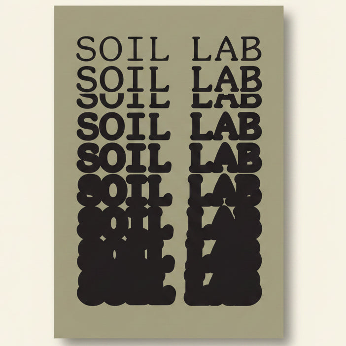 Text 'SOIL LAB' repeated in a stylized manner on a beige background