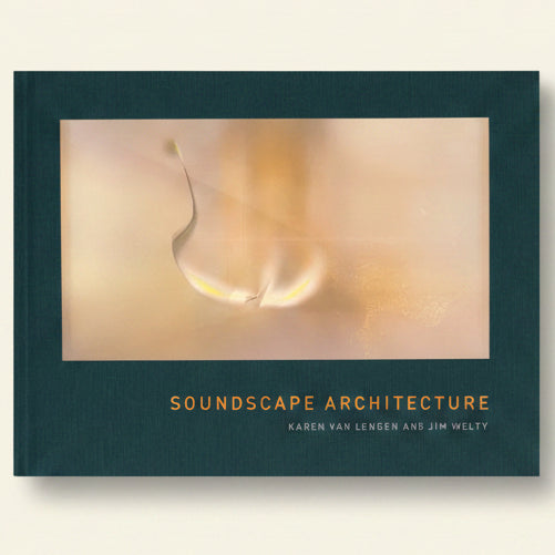 Book cover of 'Soundscape Architecture' with a blurred image of a light fixture on a teal background.