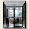 Modern architectural interior with glass walls and ceiling lights, featuring 'Stiff + Trevillion practising architecture' branding.