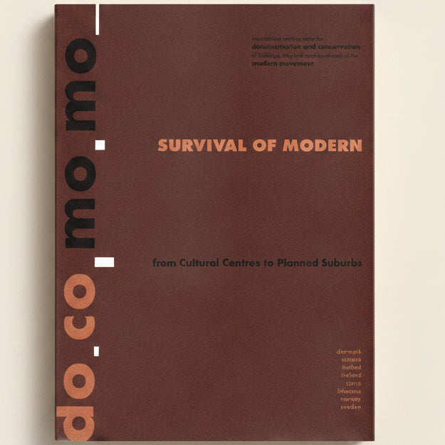 Book cover of 'Survival of Modern' with text and logo on a brown background