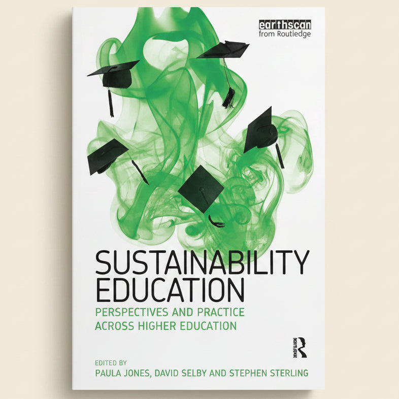 Book cover of 'Sustainability Education' with green abstract design and graduation caps.