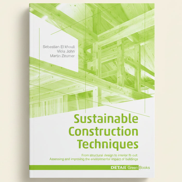 Book cover of 'Sustainable Construction Techniques' with architectural design in the background