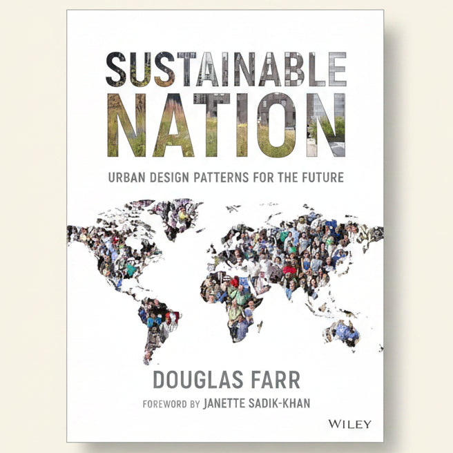 Book cover of 'Sustainable Nation' by Douglas Farr with a world map design.
