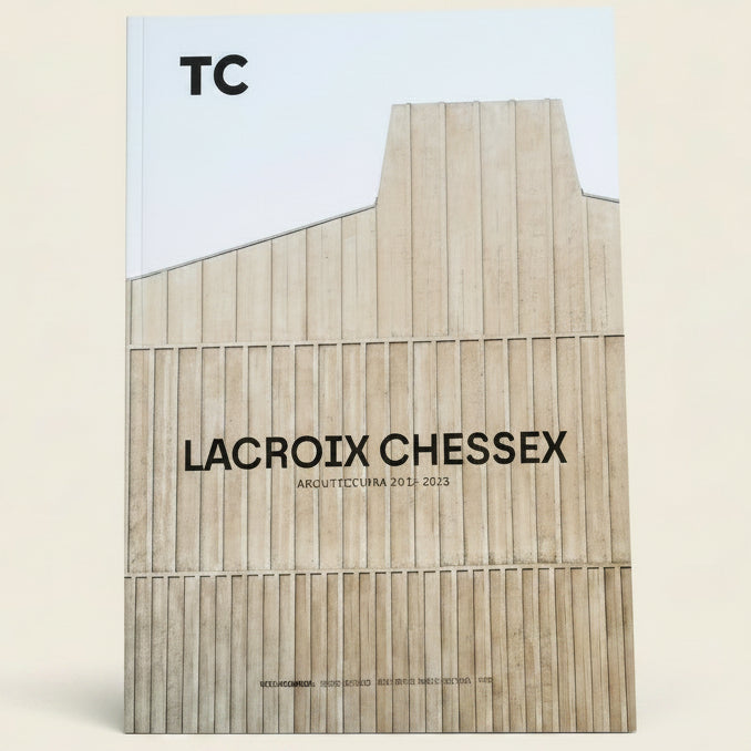 Magazine cover with wooden architectural structure and 'TC' branding