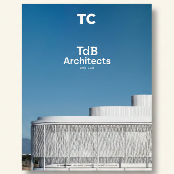 Cover of TdB Architects' 2003-2025 book with a modern building and clear blue sky.