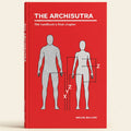 Book cover of 'The Archisutra' with illustrations of a man and woman and measurements on a red background.