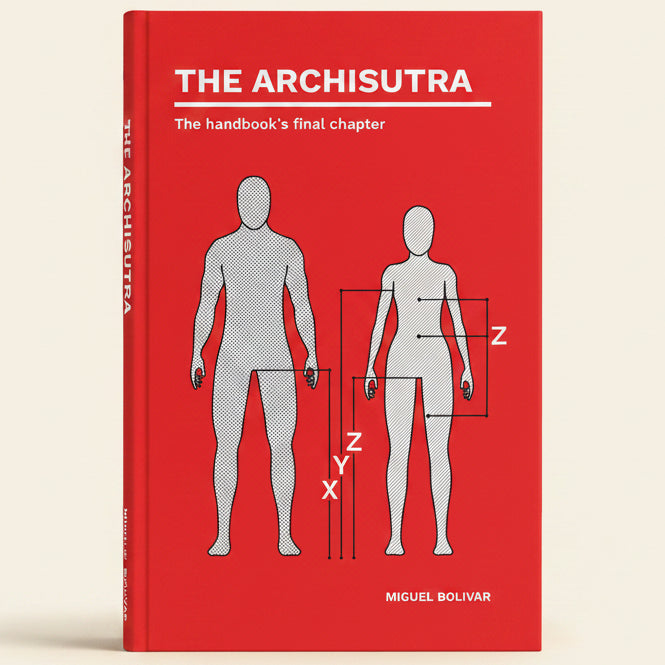 Book cover of 'The Archisutra' with illustrations of a man and woman and measurements on a red background.