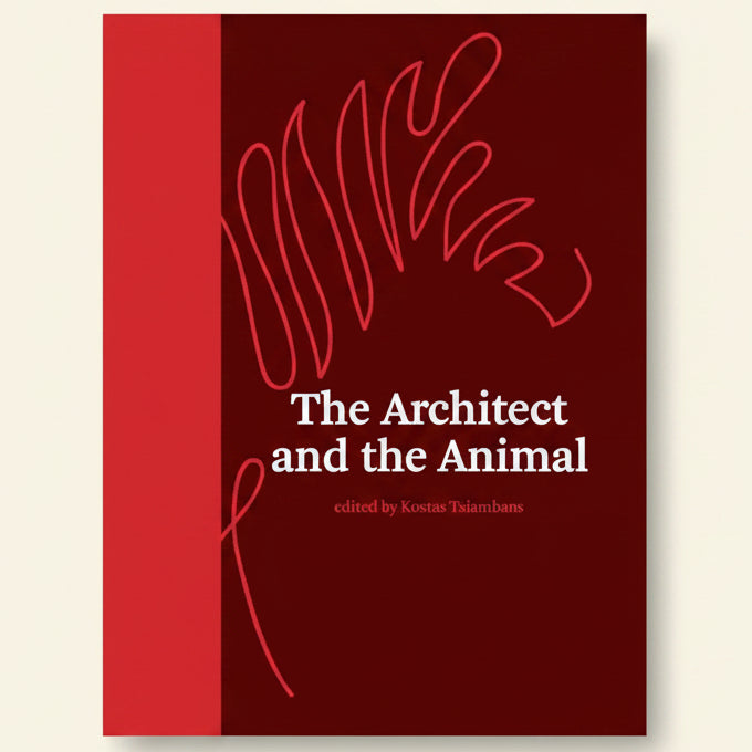 Book cover of 'The Architect and the Animal' with abstract line art on a red background