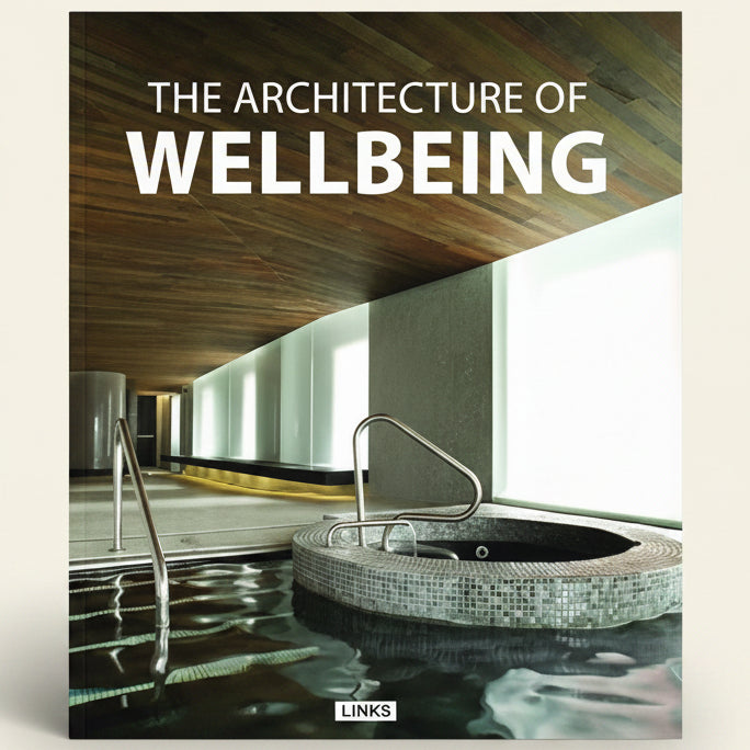 Cover of 'The Architecture of Wellbeing' book with a modern indoor pool and spa.