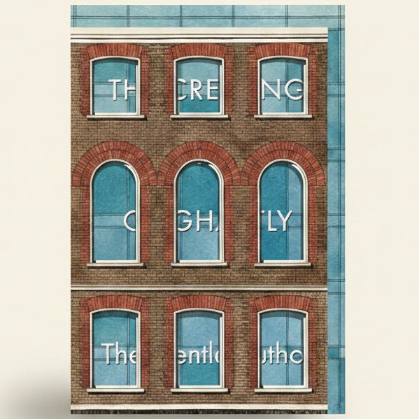 Brick building facade with windows displaying letters to form a phrase.