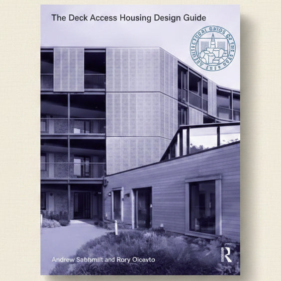 Book cover of 'The Deck Access Housing Design Guide' with architectural image on a blue background