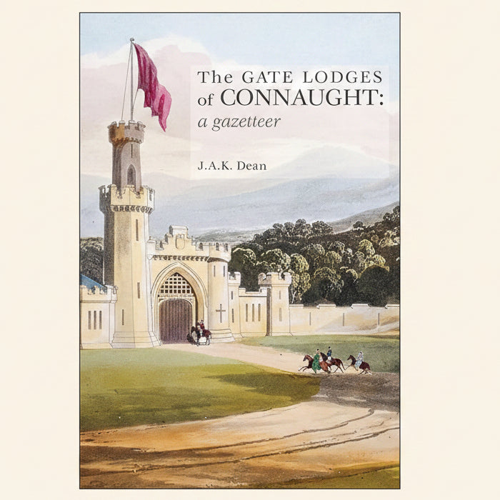 Book cover of 'The Gate Lodges of Connaught' with a castle illustration and pink flag.