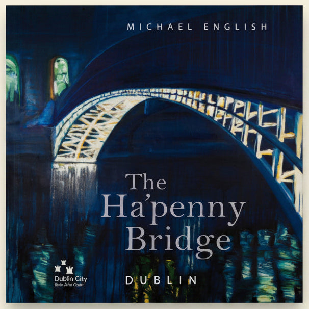 Artistic depiction of The H¤'penny Bridge in Dublin with architectural details and water reflection.