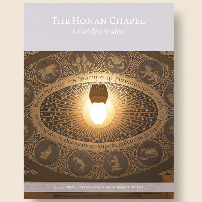 Decorative ceiling with intricate patterns and a light fixture, featuring 'The Honan Chapel: A Golden Vision' text.