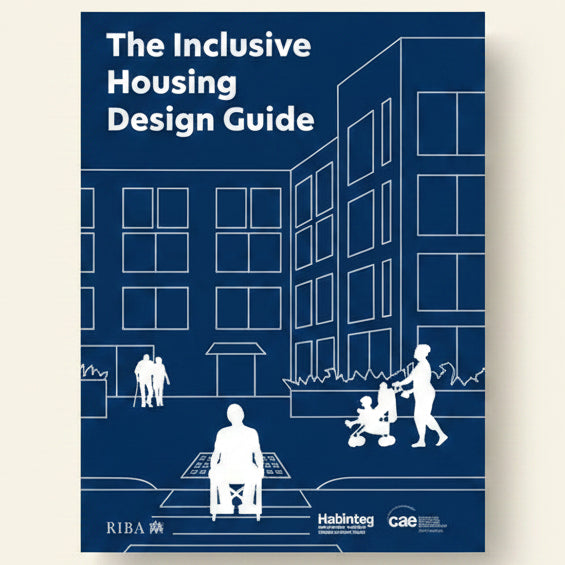 Cover of 'The Inclusive Housing Design Guide' with blue and white design elements.