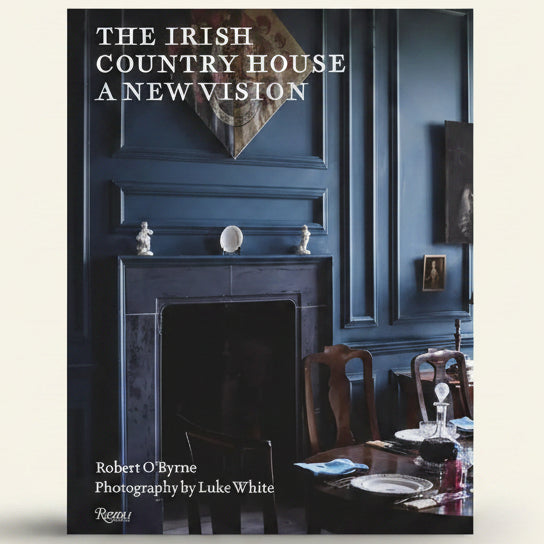 Book cover of 'The Irish Country House: A New Vision' with a dark blue room and fireplace.