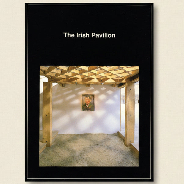 Irish Pavilion with wooden ceiling and wall art on a black background