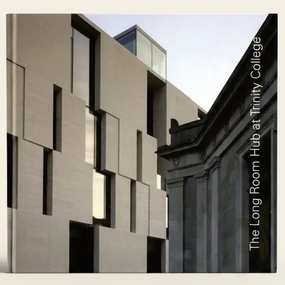 Modern architectural facade with geometric window design, featuring 'The Long Room Hub at Trinity College' text.