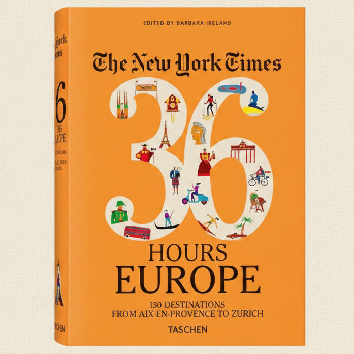 Book cover of '36 Hours Europe' by The New York Times with colorful illustrations on an orange background.