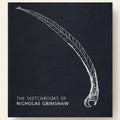 Book cover with a white line drawing of a curved object on a dark background, featuring the text 'The Sketchbooks of Nicholas Grimshaw'.